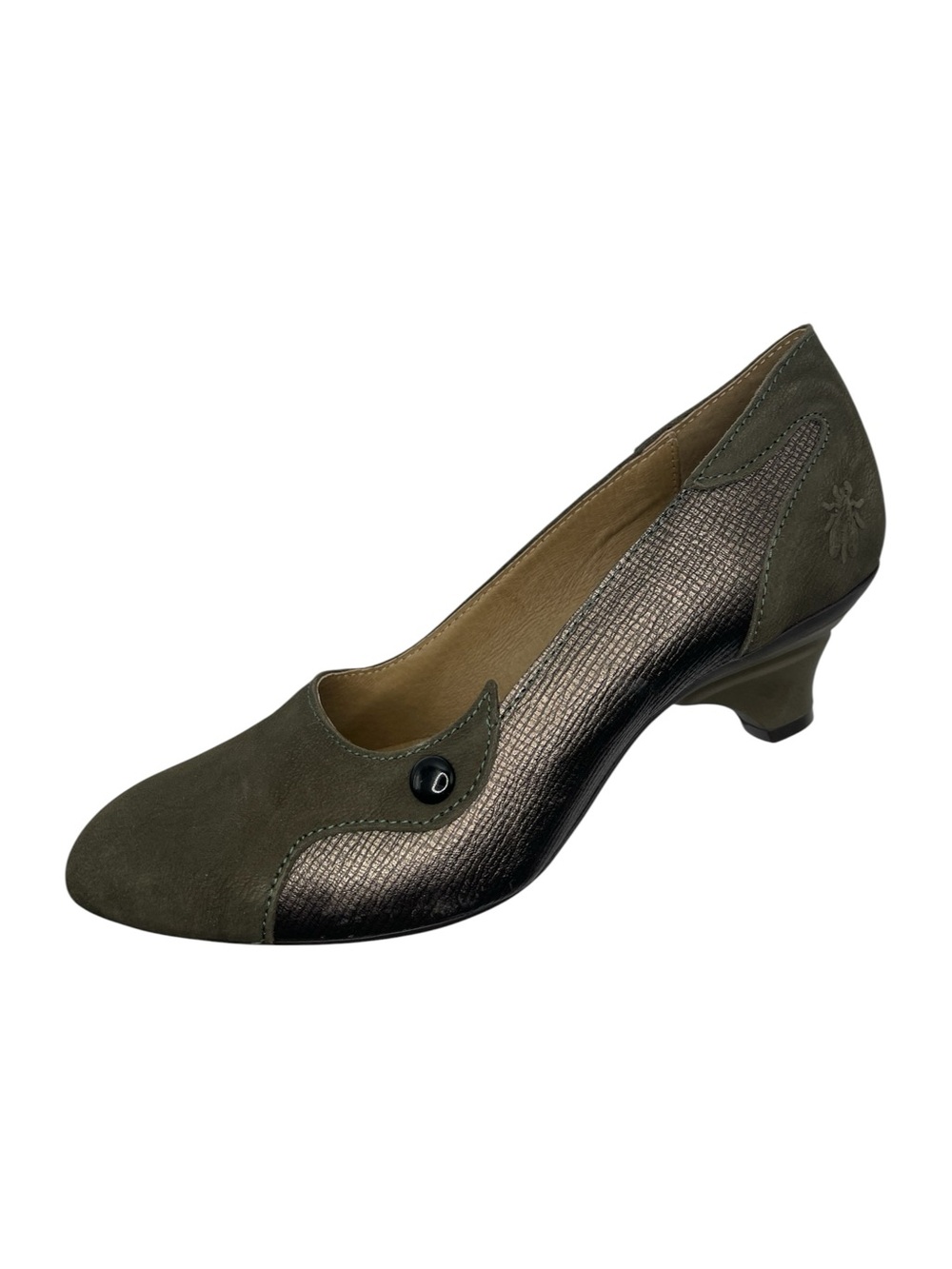Fly London Two-Tone Leather Kitten Heel Pumps Olive Green Metallic Women's EU 37